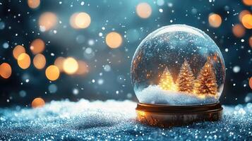 Christmas snow globe sitting on a snowy window sill with pine cones and string lights photo