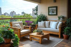 Modern balcony garden enjoying the cityscape view with comfortable furniture photo
