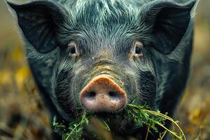 Curious pig lying in grass on a farm photo