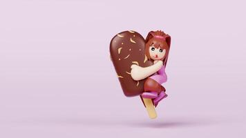 Long haired girl hugging a ice cream chocolate sticks covered with topping isolated on pink background. 3d render illustration video