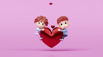 3d girl and boy hugging big red heart with small hearts floating background. 3d render illustration video