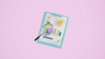 3d charts,graph with analysis business financial data, white clipboard checklist, magnifying isolated on pink background. business strategy concept, 3d illustration render video