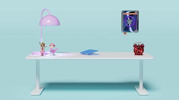 3d desk in office with laptop computer, textbook, book, toy, alarm clock, lantern isolated on blue background. 3d render illustration video