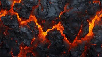 A close up of a lava flow with a lot of black and orange. The lava is flowing down a rocky hillside. photo