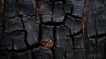A burnt tree trunk with black and brown splinters. The texture of the bark is rough and jagged, giving the impression of a harsh and rugged environment photo