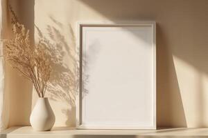 Vertical frame for mockup. room interior with mock up photo frame.