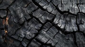 A burnt tree trunk with black and brown splinters. The texture of the bark is rough and jagged, giving the impression of a harsh and rugged environment photo