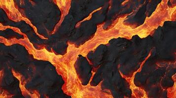 A close up of a lava flow with a lot of black and orange. The lava is flowing down a rocky hillside. photo