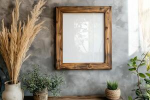 Vertical frame for mockup. room interior with mock up photo frame.
