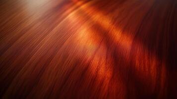 A wooden surface with a red hue. The wood grain is visible, and the surface appears to be a tablee. photo