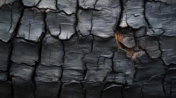 A burnt tree trunk with black and brown splinters. The texture of the bark is rough and jagged, giving the impression of a harsh and rugged environment photo