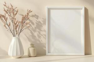 Vertical frame for mockup. room interior with mock up photo frame.