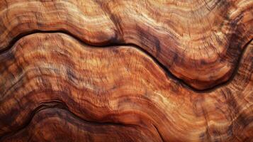 A wooden surface with a brown color. The surface has a wavy texture, and it is a piece of wood with a natural grain. photo