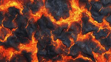 A close up of a lava flow with a lot of black and orange. The lava is flowing down a rocky hillside. photo