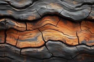 A piece of wood with a rough, jagged texture. The wood appears to be charred and has a dark, burnt appearance. Scene is one of decay and destruction photo