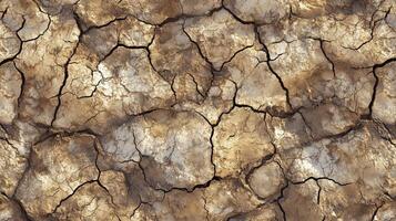 A cracked and broken surface with a lot of dirt and debris. The image has a rough and rugged appearance. photo
