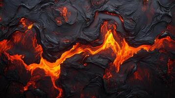 A close up of a lava flow with a lot of black and orange. The lava is flowing down a rocky hillside. photo