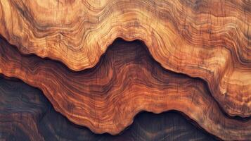 A wooden surface with a brown color. The surface has a wavy texture, and it is a piece of wood with a natural grain. photo