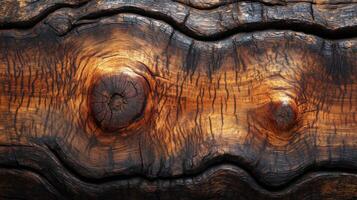 The wood grain is very rough and has a lot of knots. The wood is burnt and has a dark brown color photo