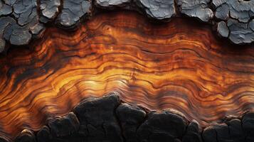 The wood grain is very rough and has a lot of knots. The wood is burnt and has a dark brown color photo