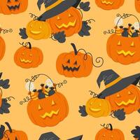 Seamless Pattern of Pumpkin Lanterns with Faces for Halloween vector