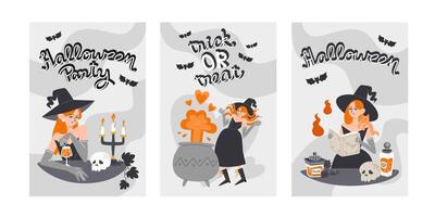 Set of Three Halloween Posters with Red Haired Witch vector