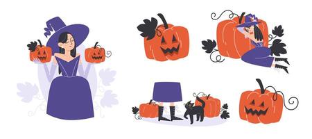 Witch and Pumpkin Collection for Halloween in flat style vector