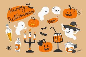Halloween Element Set, Pumpkins, Lanterns, Potion, Broomstick, and Ghost vector