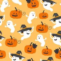 Seamless Halloween Pattern with Pumpkin Lanterns and Ghosts in Witch Hats vector