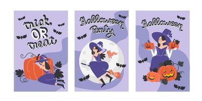 Set of Three Halloween Posters with Witch and Pumpkin Lanterns vector
