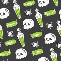 Seamless Pattern with Skulls, Spiders and Potions on a dark background vector