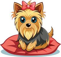 A cute dog with a pink bow on its head is sitting on a red cushion vector