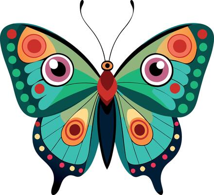 A colorful butterfly with red eyes and green wings