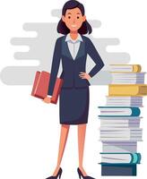 A woman in a business suit stands in front of a stack of books vector