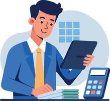 A man in a suit is sitting at a desk with a tablet and a calculator vector