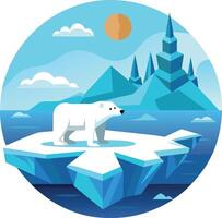 A polar bear stands on a piece of ice in front of a mountain vector