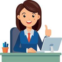 A woman in a business suit is sitting at a desk with a computer and a mouse vector