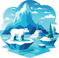 A polar bear stands on a block of ice in front of a mountain vector