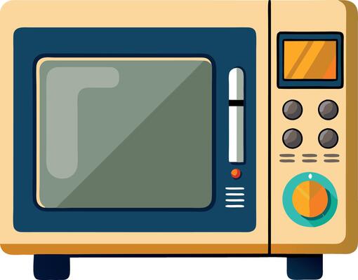 A microwave oven with a blue and yellow color scheme