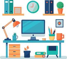 A desk with a computer monitor, a clock, a lamp, and a potted plant vector