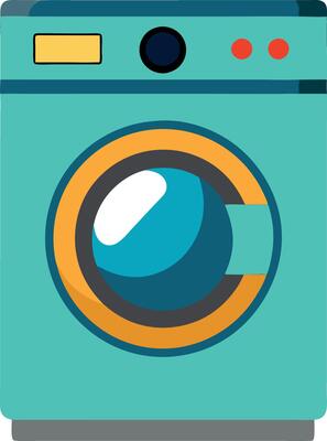 A blue and yellow washing machine with a white background