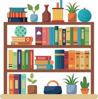 A colorful bookshelf with many books and plants vector