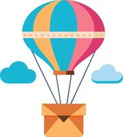 A colorful hot air balloon is floating above a box with an envelope inside vector