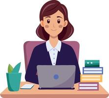 A woman is sitting at a desk with a laptop and a stack of books vector