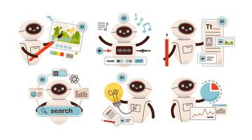 AI technology concept. Robots help in generating images, music, writing text, analytics and searching for information. Chat bot. Artificial intelligence generates. Flat illustration vector