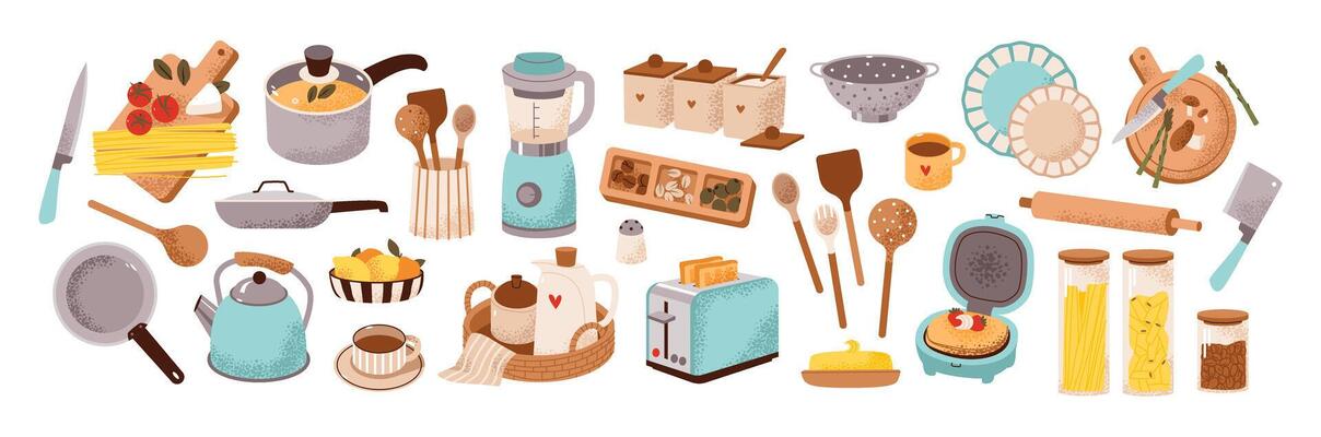 Kitchen utensil set with tableware and cookware. Cooking equipment. Kettle, frying pan, and blender for cooking. Flat illustration