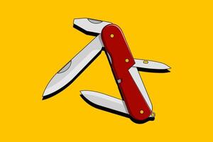 Stylized illustration of a folding multi-tool knife with several blades open, featuring a red handle against a vibrant yellow background. Suitable for outdoor, adventure, or utility themes. vector