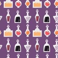 Seamless pattern with cute cartoon potions in bottles of different shapes. Halloween, witchcraft violet background for print, fabric, wrapping paper. vector