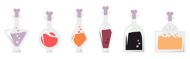 Set of cute cartoon potions in bottles of different shapes. Halloween, witchcraft elements. Flat illustration isolated on a white background vector