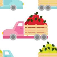 Seamless pattern with pink and blue trucks with red and green apples. Fruit truck delivery vector